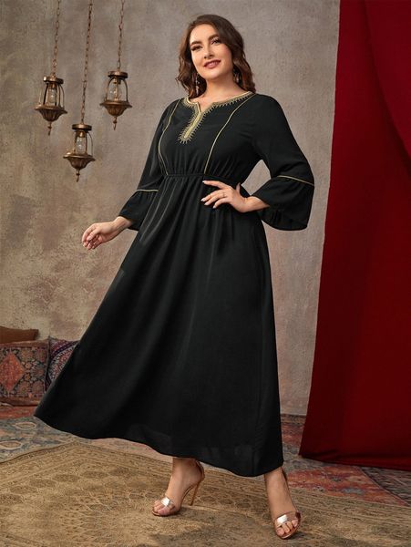 plus embroidery notched neckline contrast piping flounce sleeve dress j3fb#, Black
plus embroidery notched neckline contrast piping flounce sleeve dress j3fb#, Black