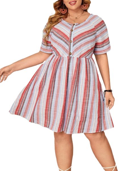 plus striped print button front a-line dress e9jw#, Black 
plus striped print button front a-line dress e9jw#, Black