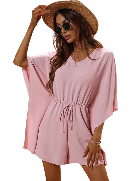 swiss dot batwing sleeve knot front romper m10u#, Black;white