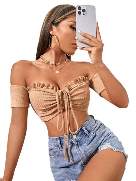 petite off the shoulder frill trim tie front ruched m9c5#, White
petite off the shoulder frill trim tie front ruched m9c5#, White