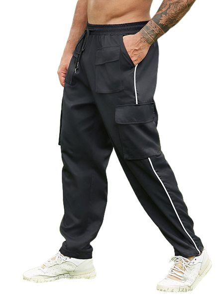 extended sizes men reflective contrast side seam flap pocket pants h8m6#, Black