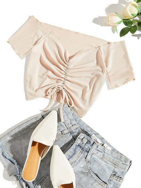 o.ff s.houlder d.rawstring front c.rop tee l0cg#, White