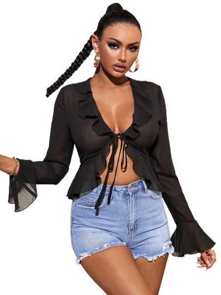 tie front ruffle flounce sleeve mesh blouse m1qu#, White
tie front ruffle flounce sleeve mesh blouse m1qu#, White