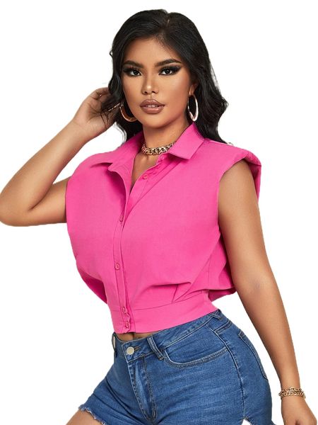 sxy shoulder padded button front crop shirt b0o5#, White
