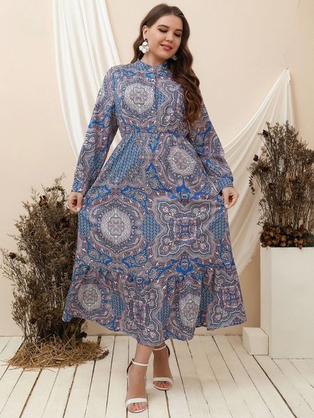 plus paisley & floral print ruffle hem dress p3cq#, Black