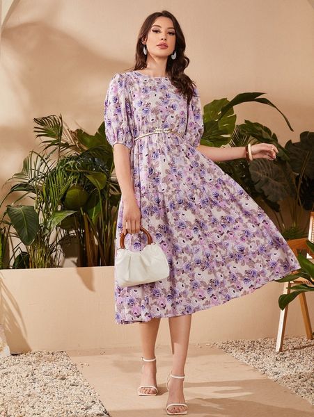 floral puff sleeve keyhole back dress without belt y1eg#, Black;gray