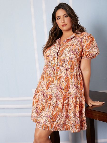 plus paisley print puff sleeve ruffle hem dress f9ew#, Black