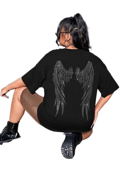 plus wing rhinestone drop shoulder tee 12z1#, Black