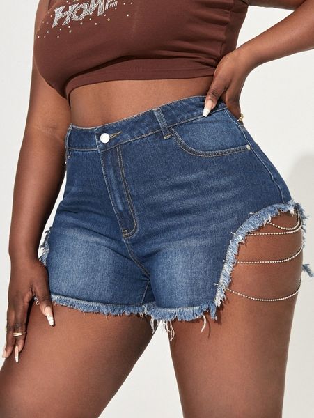 sxy plus chain detail raw hem denim shorts e6ir#, White;black
