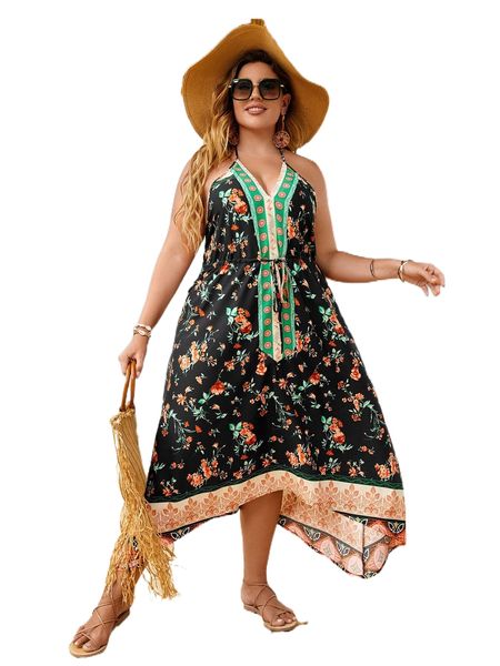 plus floral print drawstring waist halter neck backless asymmetrical hem dress m2ti#, Black
plus floral print drawstring waist halter neck backless asymmetrical hem dress m2ti#, Black