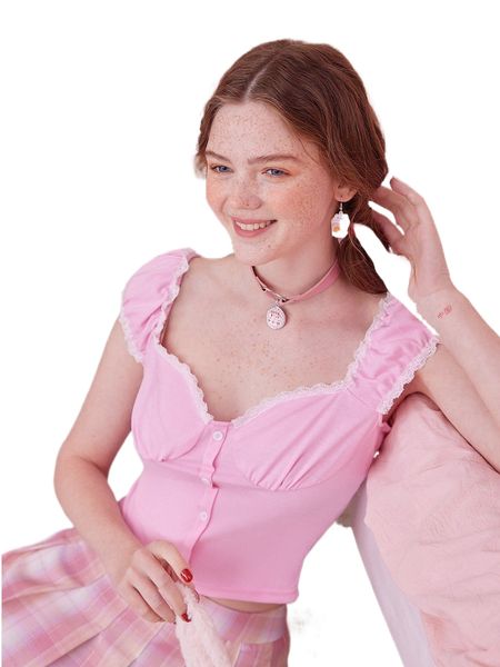 romwe kawaii lace trim cap sleeve tee u4vs#, White 
romwe kawaii lace trim cap sleeve tee u4vs#, White