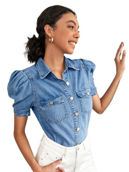tall flap pocket puff sleeve denim blouse r9zk#, White
tall flap pocket puff sleeve denim blouse r9zk#, White
