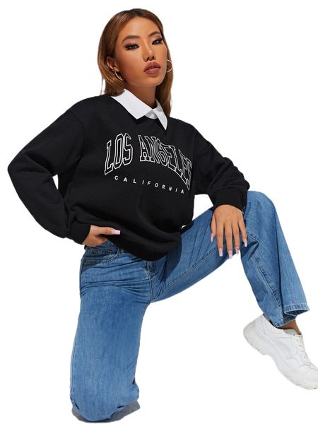 petite contrast collar letter graphic drop shoulder pullover p2zk#, Black
petite contrast collar letter graphic drop shoulder pullover p2zk#, Black