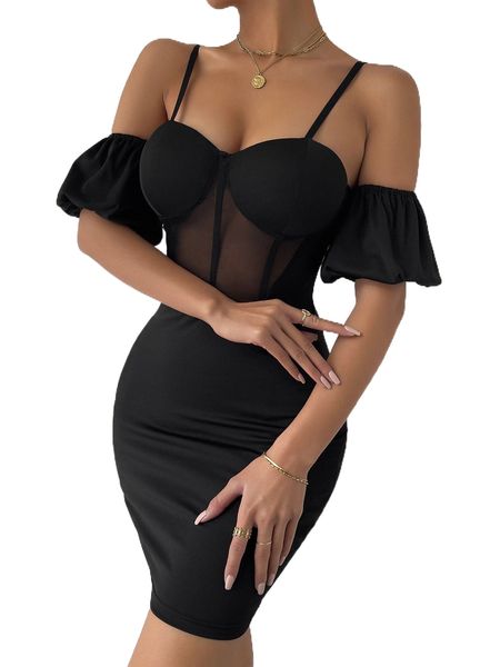 mesh insert cold shoulder bustier bodycon dress c95t#, Black;gray
mesh insert cold shoulder bustier bodycon dress c95t#, Black;gray