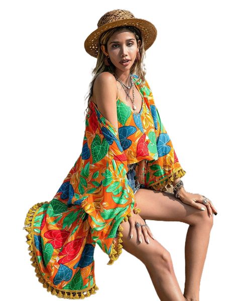 rusttydustty leaf print crop cami & tassel trim kimono d5z7#, White 
rusttydustty leaf print crop cami & tassel trim kimono d5z7#, White