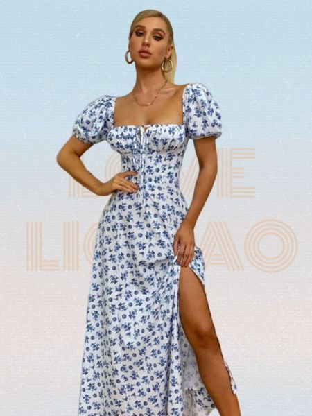 floral print puff sleeve tie front high split dress women ruched drawstring party long dress, Black;gray
floral print puff sleeve tie front high split dress women ruched drawstring party long dress, Black;gray