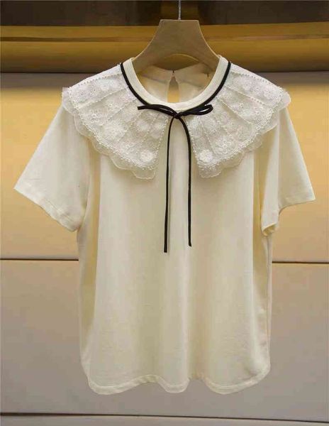 women's t-shirt j family spring and summer french sweet style lace shawl bow solid color short sleeve t-shirt, White
women's t-shirt j family spring and summer french sweet style lace shawl bow solid color short sleeve t-shirt, White