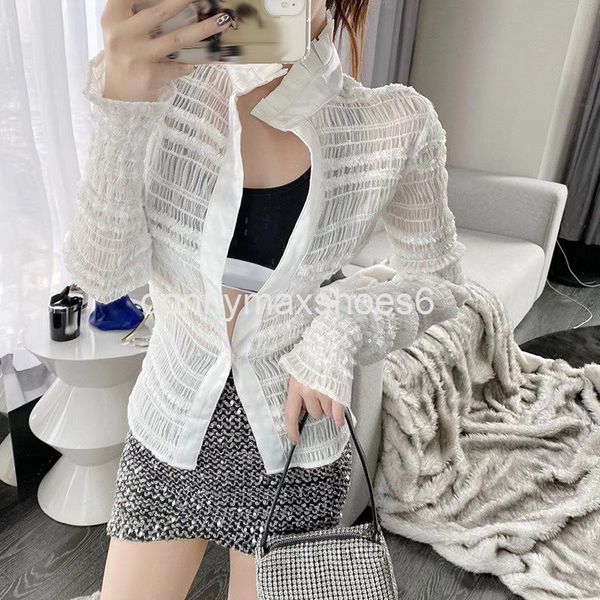 women's knits & tees designer's summer lace mesh stitching perspective nail bead sequin shirt top, White
women's knits & tees designer's summer lace mesh stitching perspective nail bead sequin shirt top, White