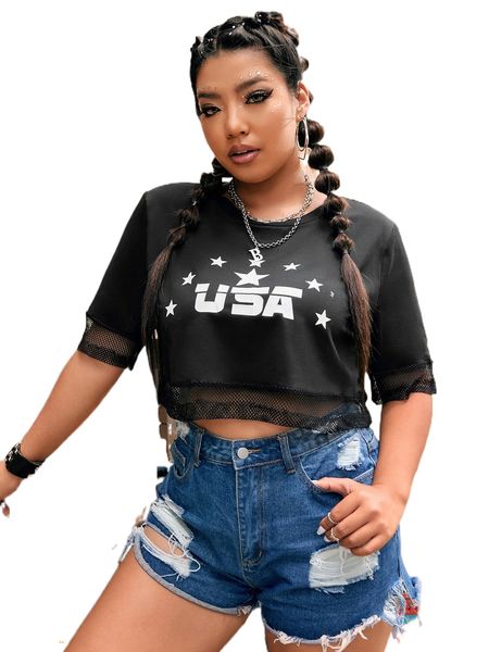 plus letter & star print mesh panel crop tee v3ar#, Black 
plus letter & star print mesh panel crop tee v3ar#, Black