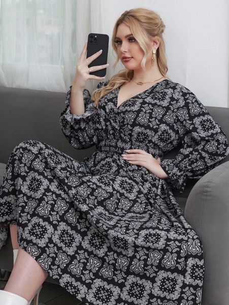 plus paisley print flounce sleeve dress m2ly#, Black