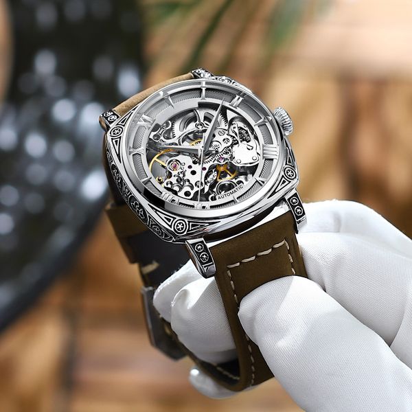 men's automatic skeleton watches fashion men mechanical luxury skeletons watch, Slivery;brown
men's automatic skeleton watches fashion men mechanical luxury skeletons watch, Slivery;brown