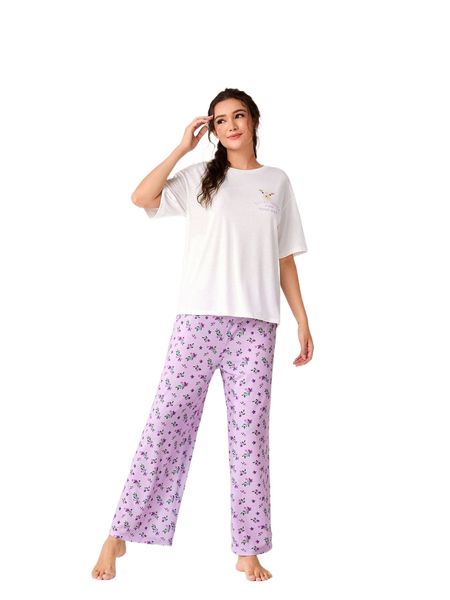 sheep & letter graphic tee & ditsy floral pants pj set o50n#, Black;red 
sheep & letter graphic tee & ditsy floral pants pj set o50n#, Black;red