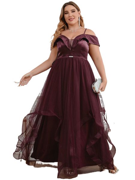 plus cold shoulder mesh bridesmaid dress s27p#, Black