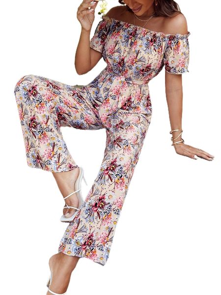 allover floral print off shoulder frilled belted jumpsuit e9m7#, Black;white
allover floral print off shoulder frilled belted jumpsuit e9m7#, Black;white