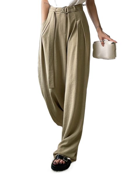 dazy solid slant pockets wide leg belted pants x03s#, Black;white