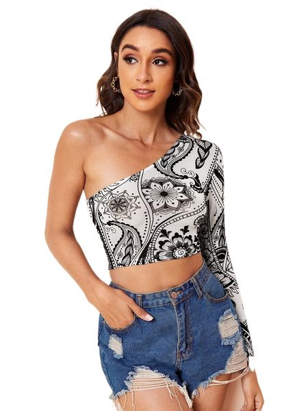 one shoulder flocked mesh crop 35nu#, White 
one shoulder flocked mesh crop 35nu#, White