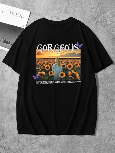 men letter & floral print tee v54e#, White;black
men letter & floral print tee v54e#, White;black