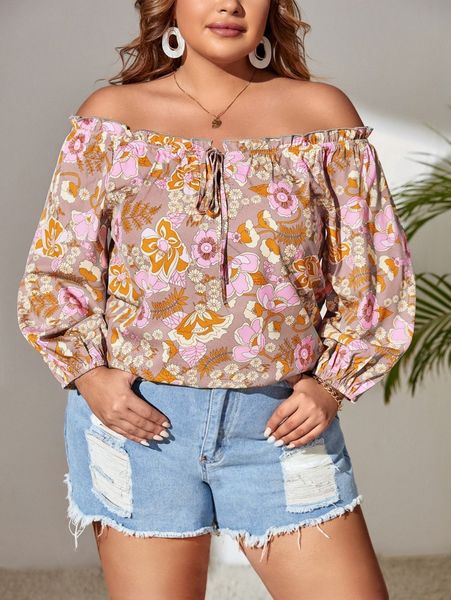 plus floral print off shoulder lantern sleeve frilled knot front blouse w0mj#, Black
plus floral print off shoulder lantern sleeve frilled knot front blouse w0mj#, Black