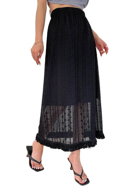 dazy high waist fringe trim lace skirt i3f6#, Black
