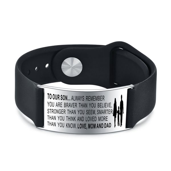 stainless steel id to my son bracelet silicone adjustable bracelet christmas gift family charm bracelets, Black
stainless steel id to my son bracelet silicone adjustable bracelet christmas gift family charm bracelets, Black