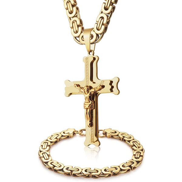 6mm/60cm chain silver gold crucifix religious pendant necklace jewelry set cool men cross jesus christ jewelry