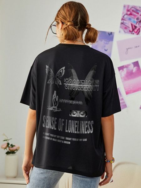 butterfly and slogan graphic drop shoulder tee n0is#, White