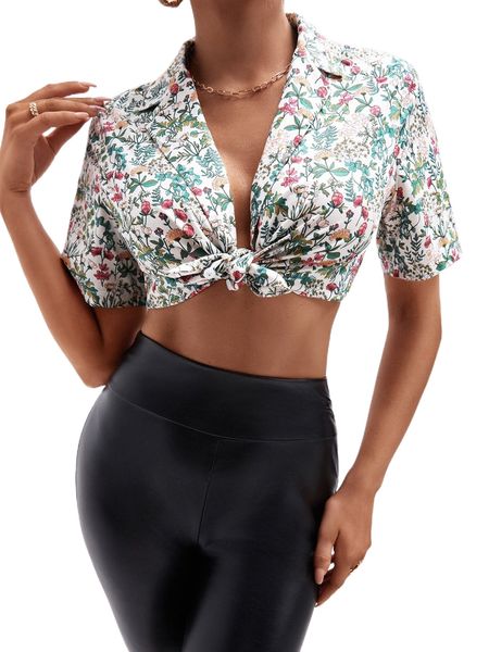 floral print lapel collar single breasted crop blouse i9g6#, White