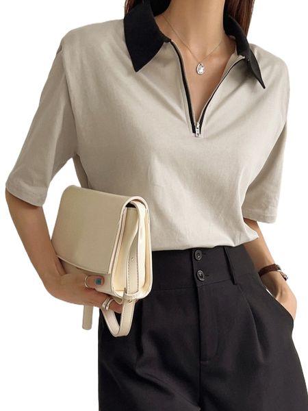 dazy solid half zip shoulder pad contrast collar tee 06fp#, White
dazy solid half zip shoulder pad contrast collar tee 06fp#, White