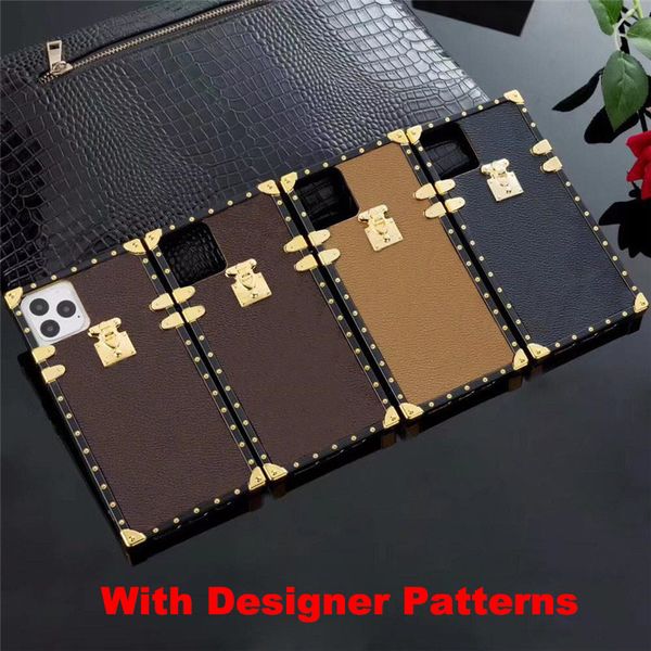 

Luxury Designers Leather Phone Cases For iPhone 13 Pro max 12 11 X XR XS XSMAX 8 7 SE2 6SPlus Fashion Print Design Square Metal Silicone, Brown square without strap