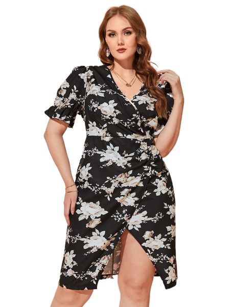 plus 1pc floral print puff sleeve wrap hem dress t97r#, Black
plus 1pc floral print puff sleeve wrap hem dress t97r#, Black