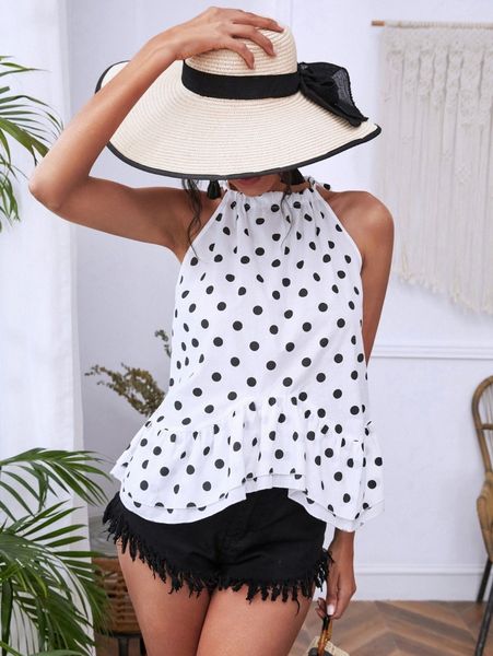 polka dot ruffle hem halter neck blouse q7ih#, White