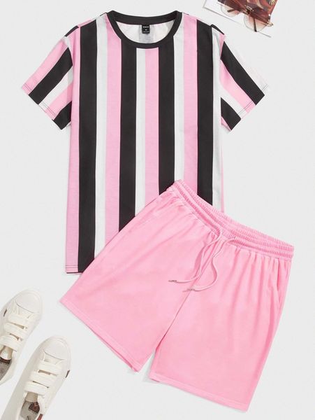 men striped colorblock & track shorts set n473#, Gray 
men striped colorblock & track shorts set n473#, Gray
