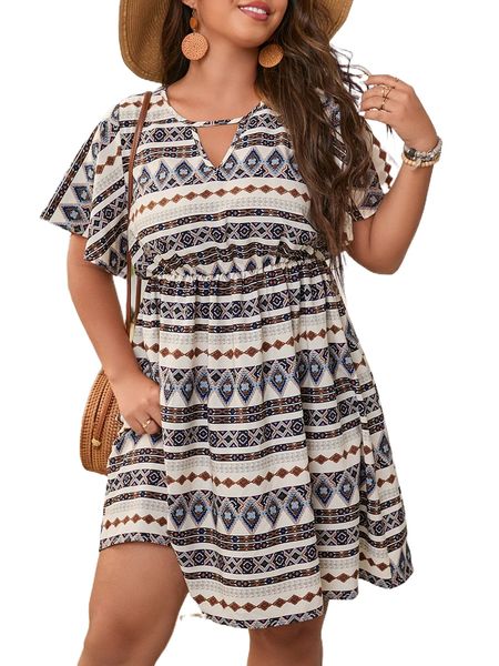 plus geo print keyhole neckline butterfly sleeve dress k2mq#, Black