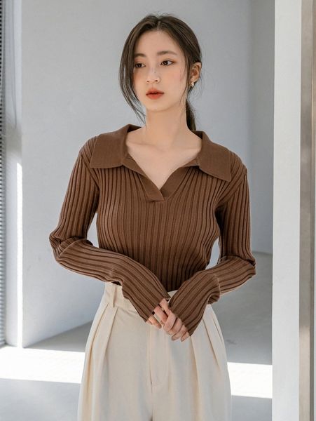 dazy-less ribbed knit solid sweater p78a#, White;black 
dazy-less ribbed knit solid sweater p78a#, White;black