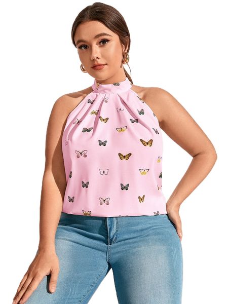 plus butterfly print tie back halter w400#, Black
plus butterfly print tie back halter w400#, Black