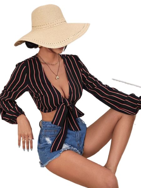 lantern sleeve tie front striped crop z8d7#, White