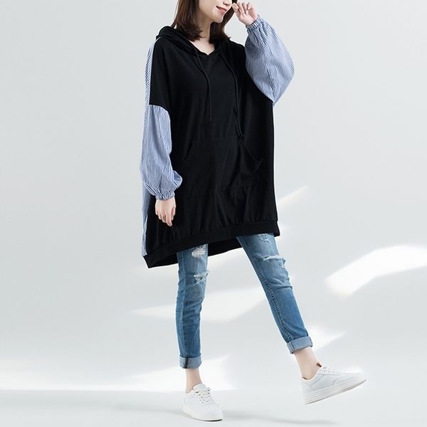 johnature spring plus stripe splicing hooded collar hoodies casual korean women clothes pullover long sweatershirts 201203, Black
johnature spring plus stripe splicing hooded collar hoodies casual korean women clothes pullover long sweatershirts 201203, Black