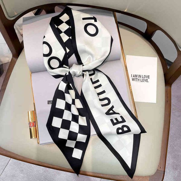 designer silk head bag hair scarf spring and autumn fine narrow silk retro blackandwhite lattice long strip decorative scarf summer female h, Blue;gray
designer silk head bag hair scarf spring and autumn fine narrow silk retro blackandwhite lattice long strip decorative scarf summer female h, Blue;gray