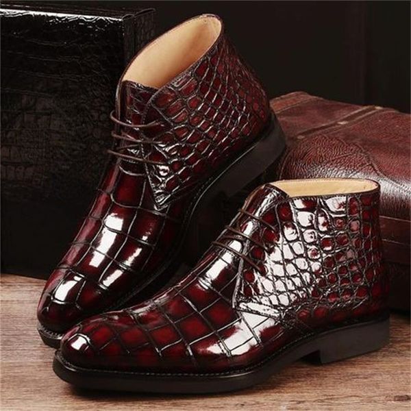 

Men British Ankle Boots PU Crocodile Pattern Square Toe Lace-Up Fashion Versatile Business Casual Party Daily Dress Shoes, Clear