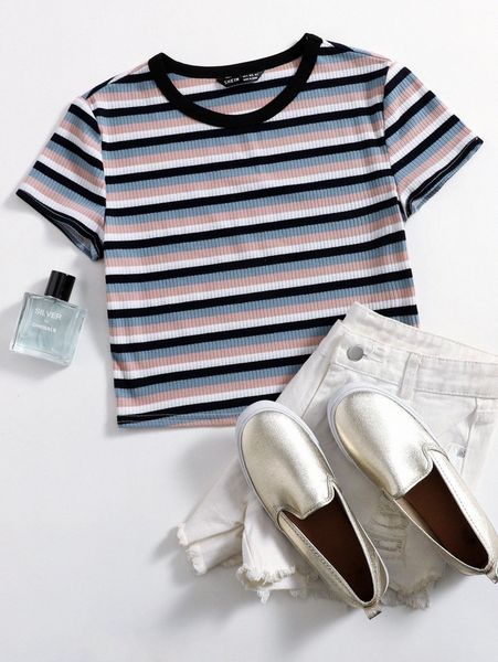 contrast neck striped 08gz#, White
